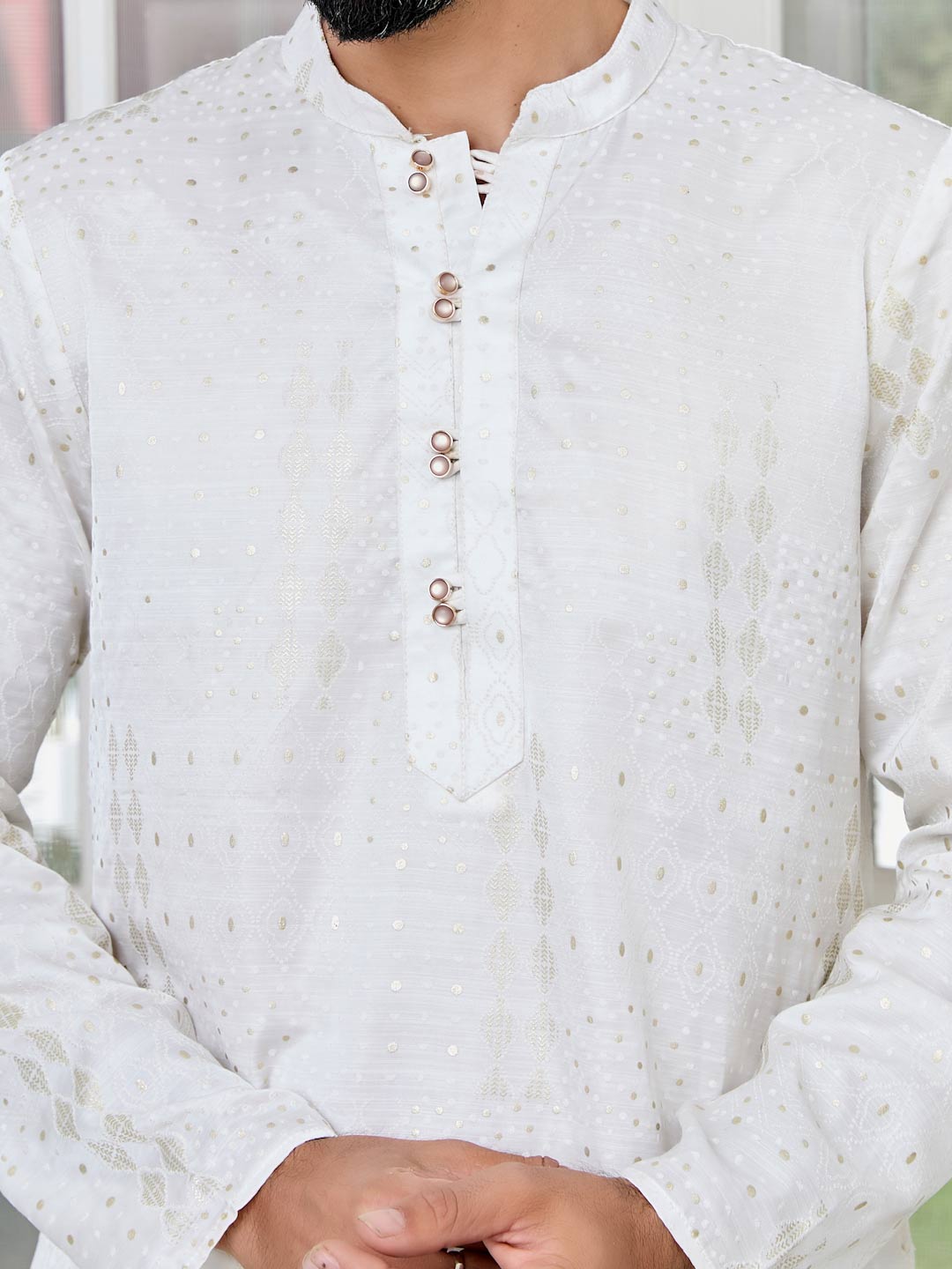 Off-White Embossed Printed and Foil Printed Straight Kurta with Pyjama with Pyjama
