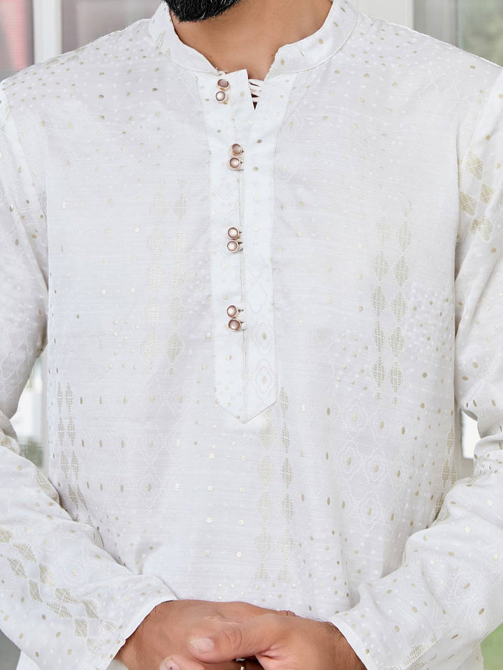 Off-White Embossed Printed and Foil Printed Straight Kurta with Pyjama with Pyjama
