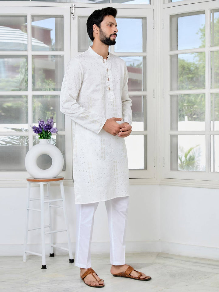 Off-White Embossed Printed and Foil Printed Straight Kurta with Pyjama with Pyjama