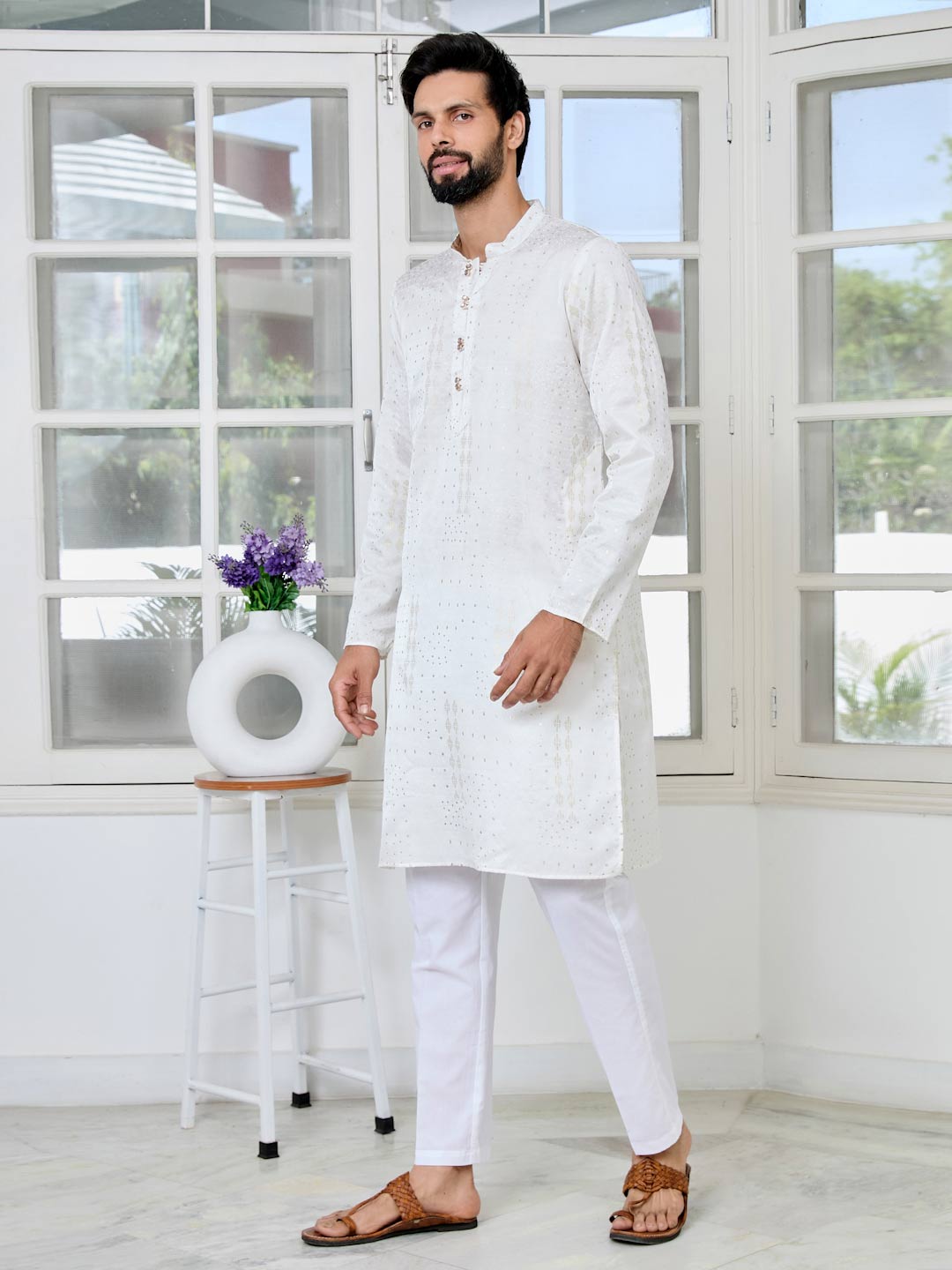 Off-White Embossed Printed and Foil Printed Straight Kurta with Pyjama with Pyjama