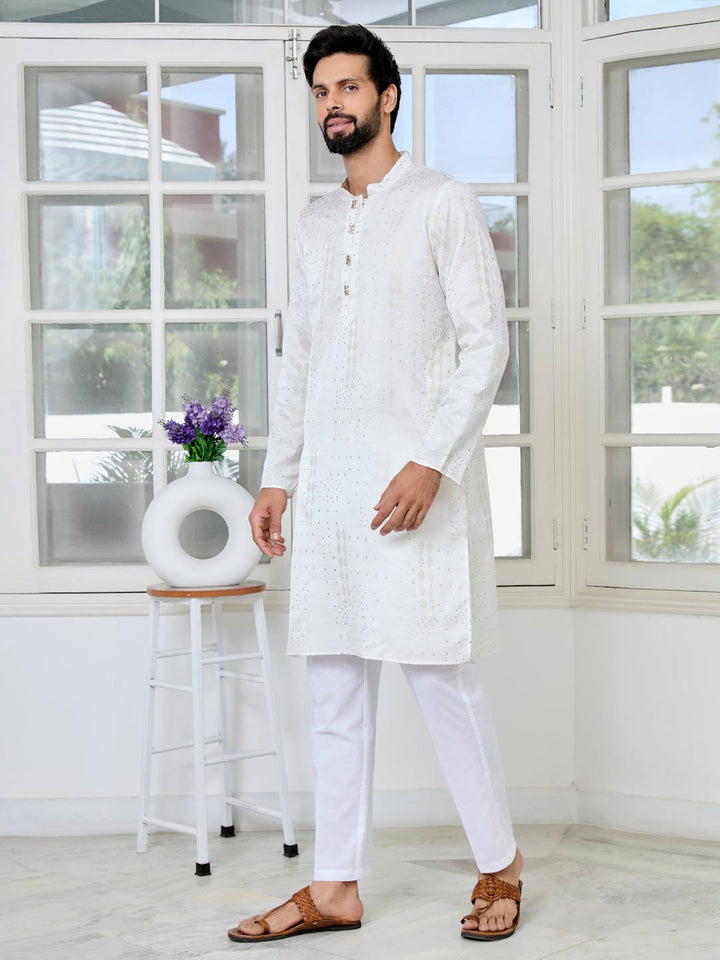 Off-White Embossed Printed and Foil Printed Straight Kurta with Pyjama with Pyjama