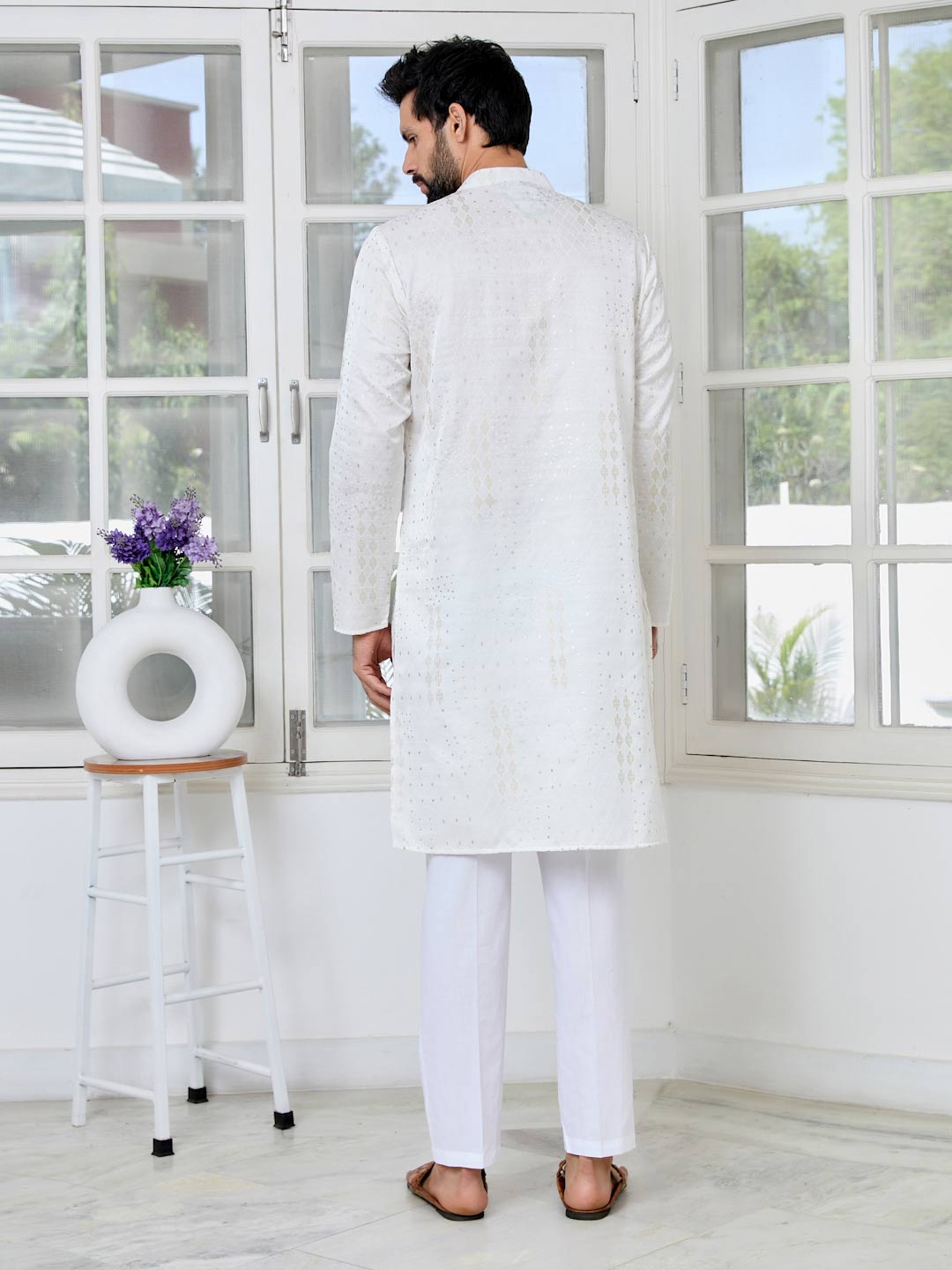 Off-White Embossed Printed and Foil Printed Straight Kurta with Pyjama with Pyjama