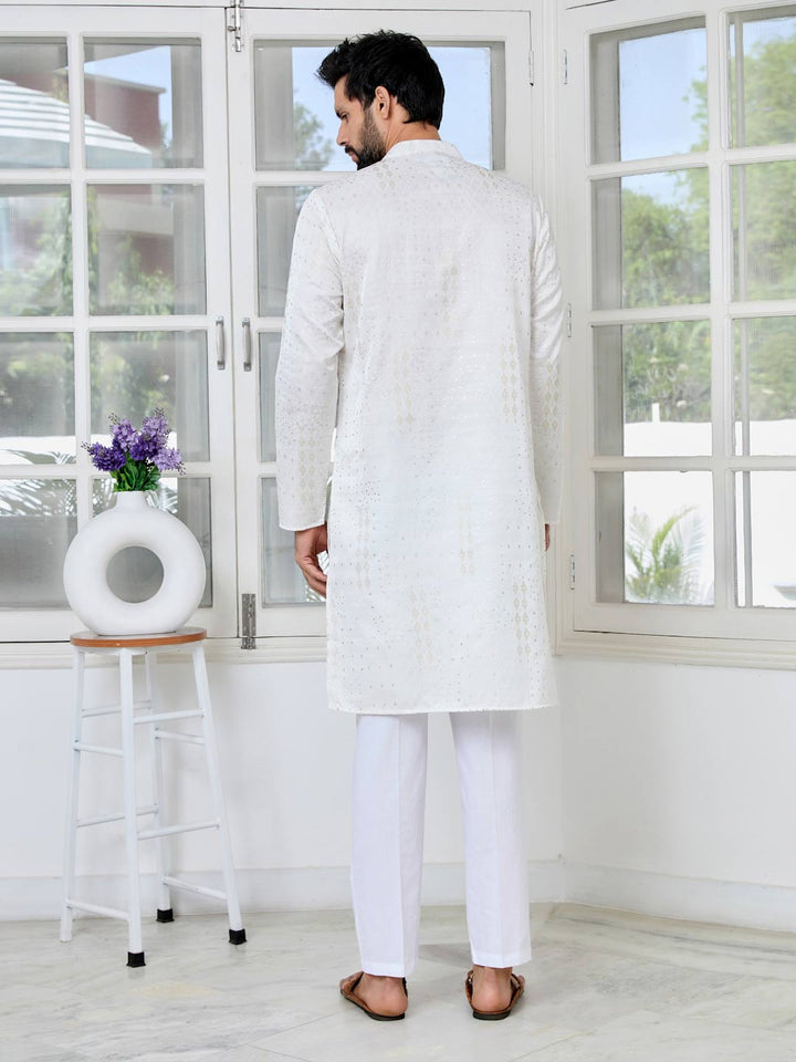 Off-White Embossed Printed and Foil Printed Straight Kurta with Pyjama with Pyjama