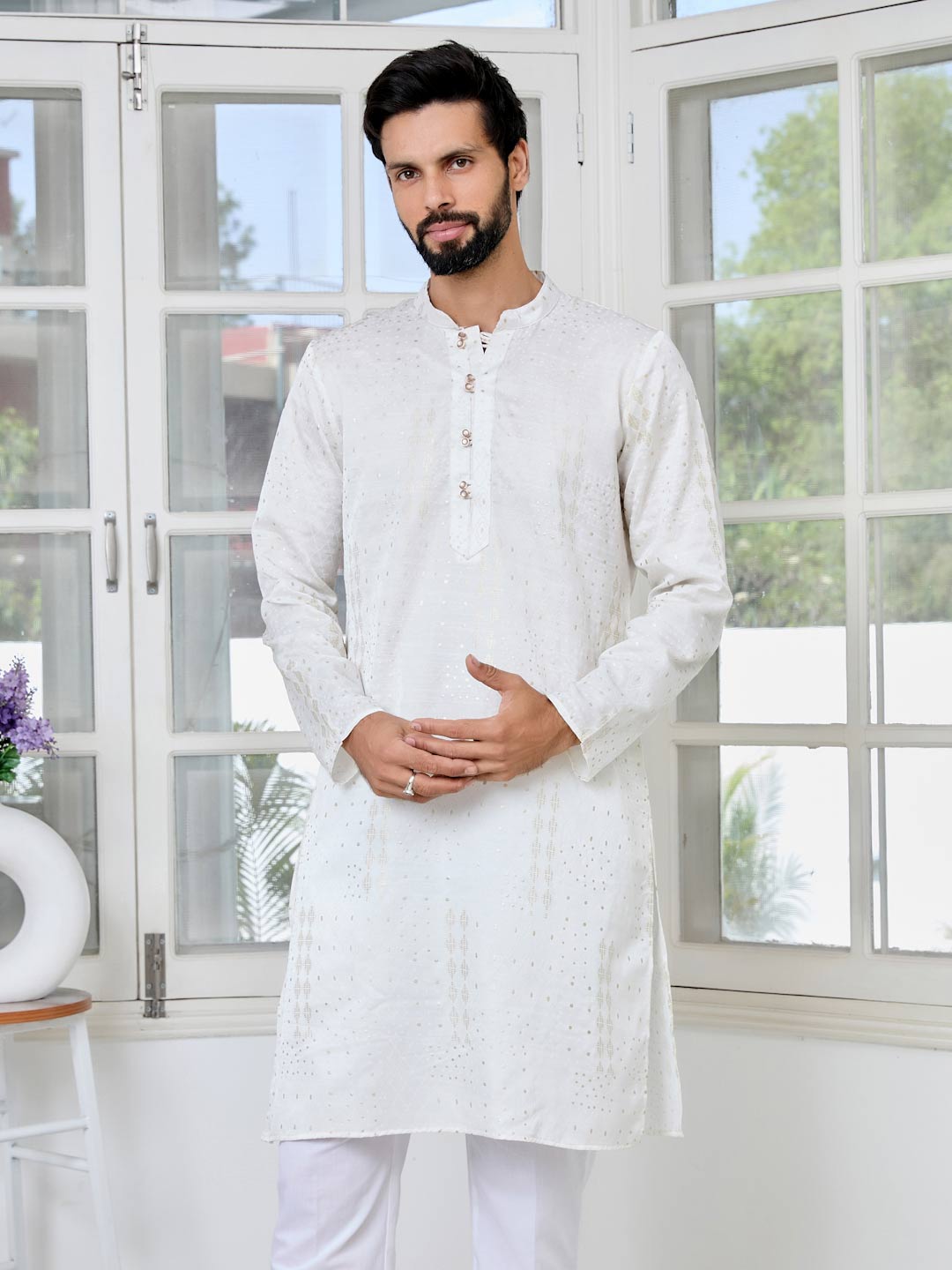 Off-White Embossed Printed and Foil Printed Straight Kurta with Pyjama with Pyjama