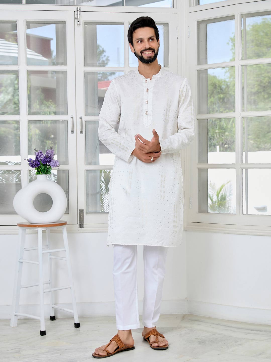 Off-White Embossed Printed and Foil Printed Straight Kurta with Pyjama with Pyjama