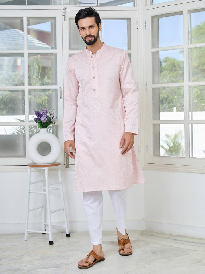 Light Pink Embossed Printed and Foil Printed Straight Kurta with Pyjama with Pyjama