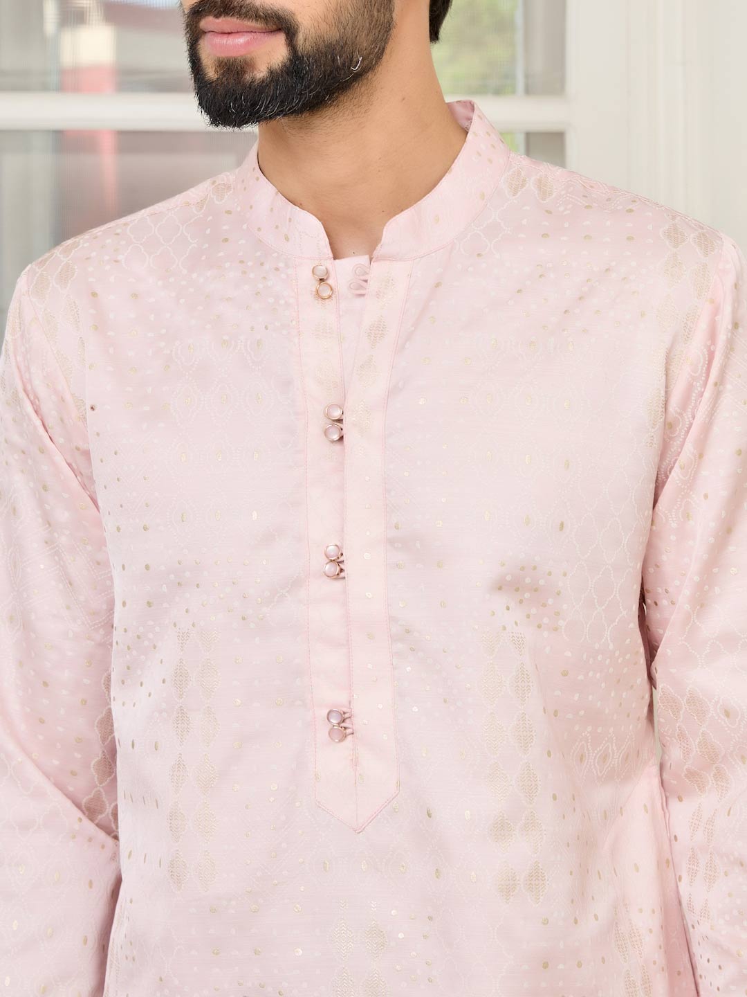 Light Pink Embossed Printed and Foil Printed Straight Kurta with Pyjama with Pyjama