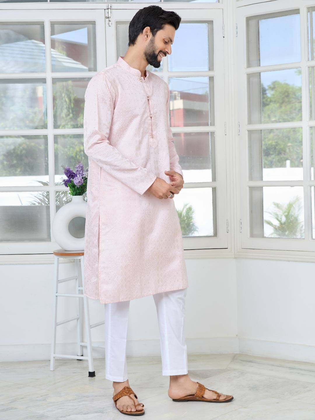 Light Pink Embossed Printed and Foil Printed Straight Kurta with Pyjama with Pyjama