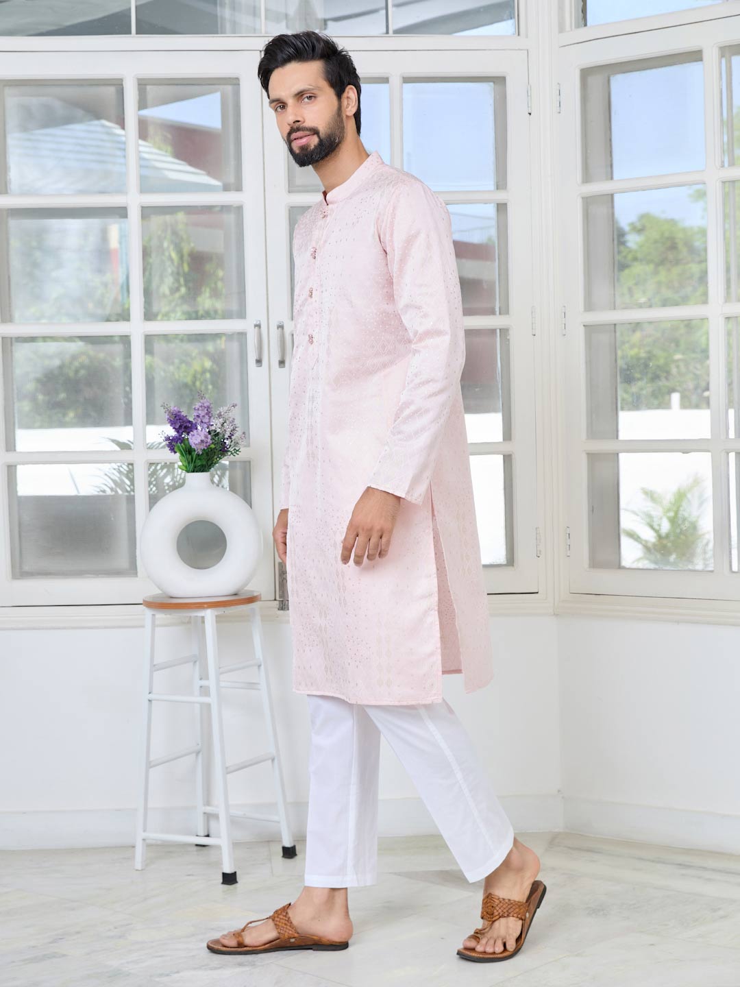 Light Pink Embossed Printed and Foil Printed Straight Kurta with Pyjama with Pyjama