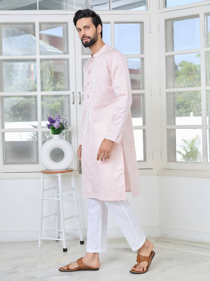 Light Pink Embossed Printed and Foil Printed Straight Kurta with Pyjama with Pyjama