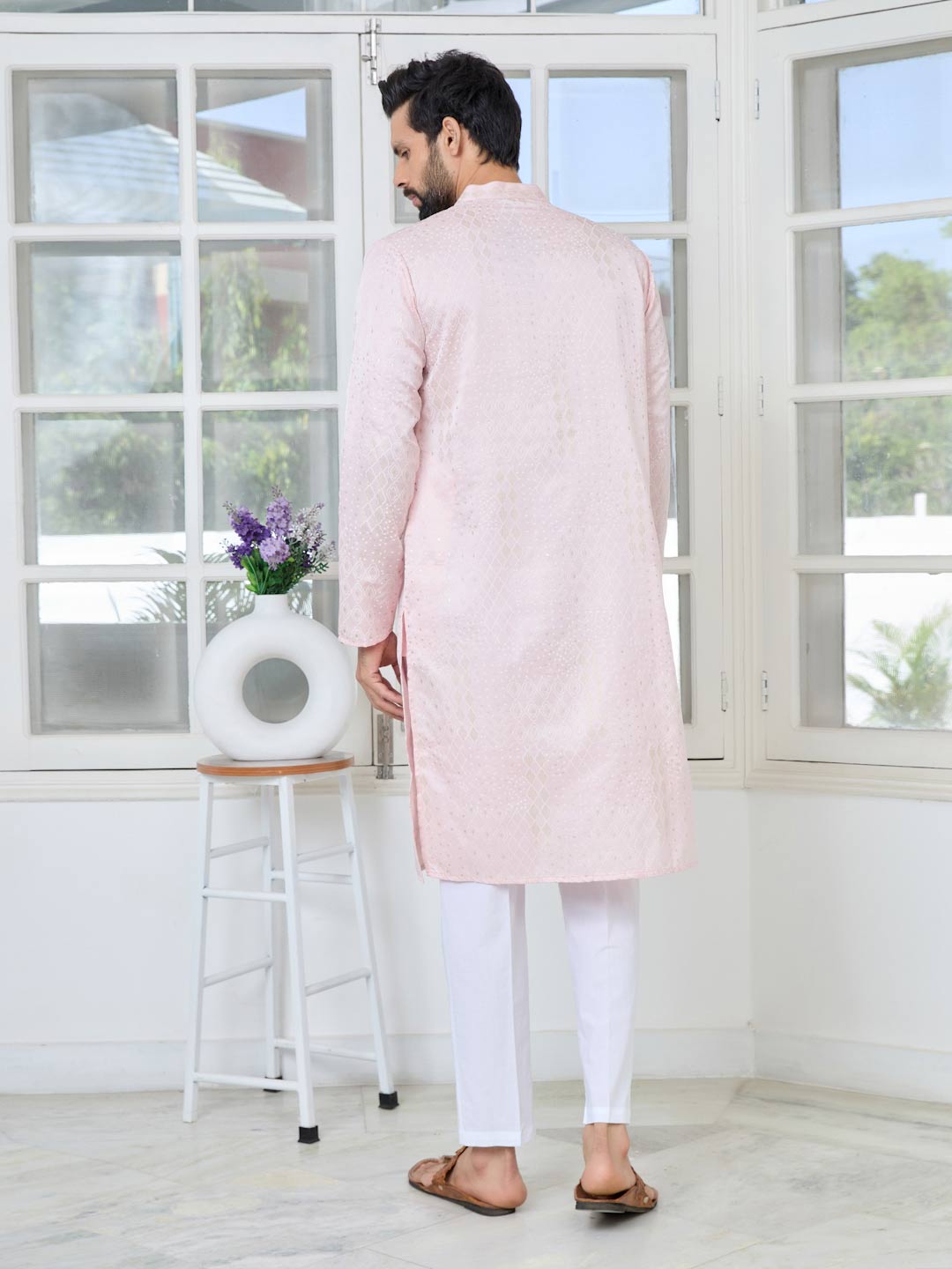Light Pink Embossed Printed and Foil Printed Straight Kurta with Pyjama with Pyjama