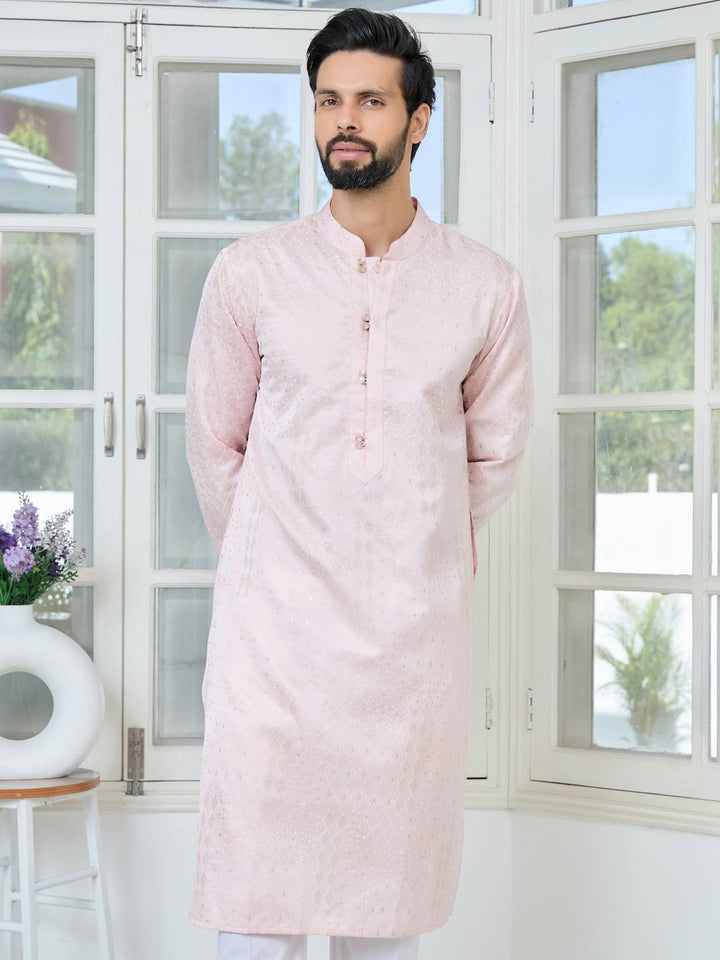 Light Pink Embossed Printed and Foil Printed Straight Kurta with Pyjama with Pyjama