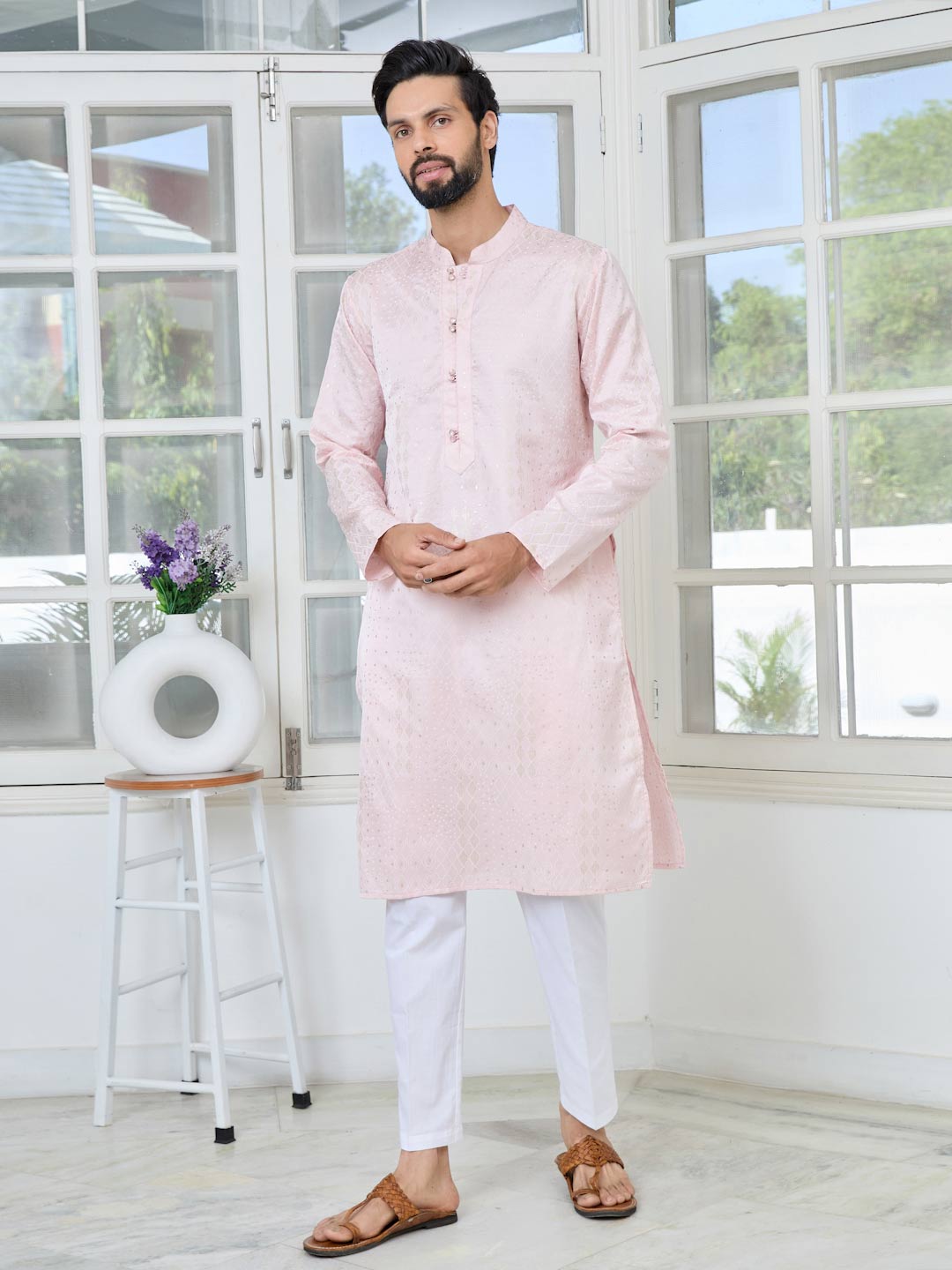Light Pink Embossed Printed and Foil Printed Straight Kurta with Pyjama with Pyjama