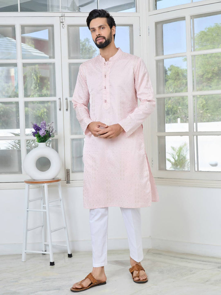 Light Pink Embossed Printed and Foil Printed Straight Kurta with Pyjama with Pyjama