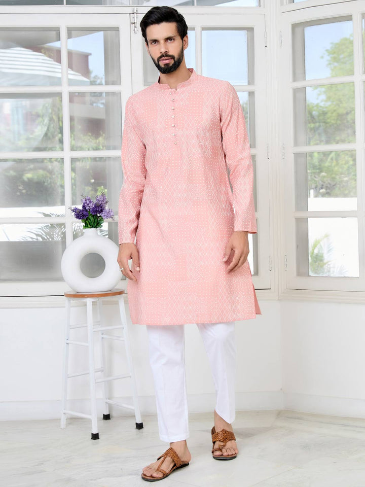Peach Embossed Printed and Foil Printed Straight Kurta with Pyjama with Pyjama