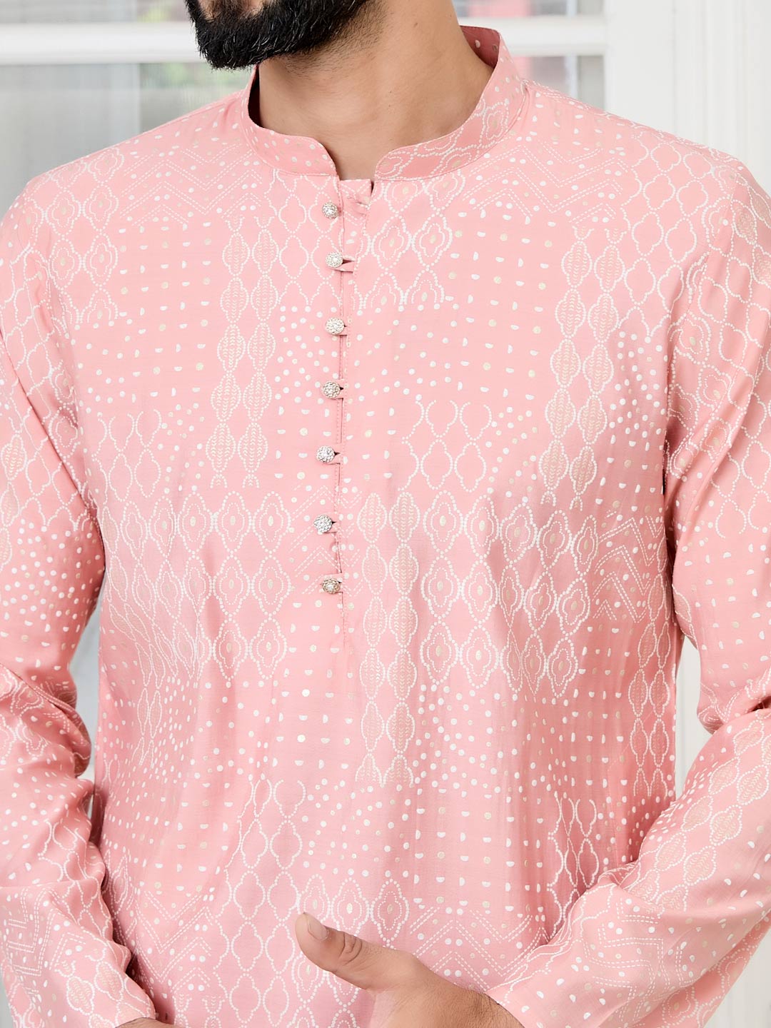 Peach Embossed Printed and Foil Printed Straight Kurta with Pyjama with Pyjama