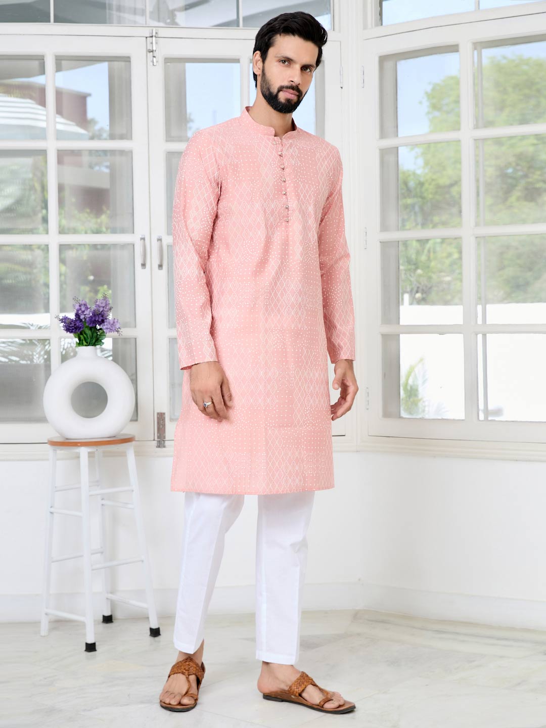 Peach Embossed Printed and Foil Printed Straight Kurta with Pyjama with Pyjama
