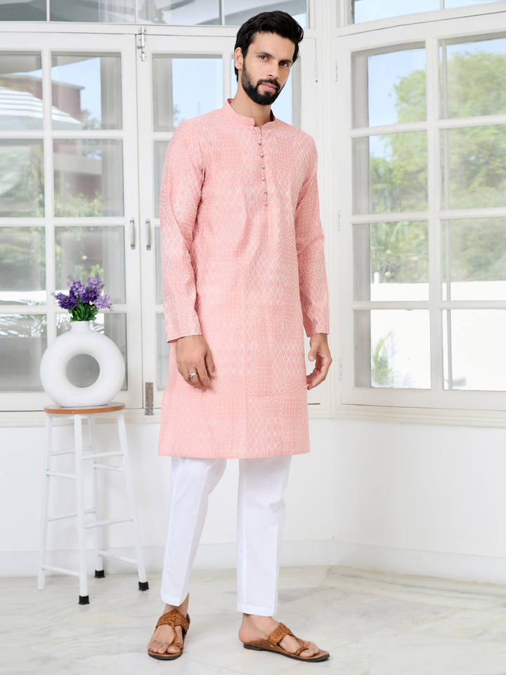 Peach Embossed Printed and Foil Printed Straight Kurta with Pyjama with Pyjama