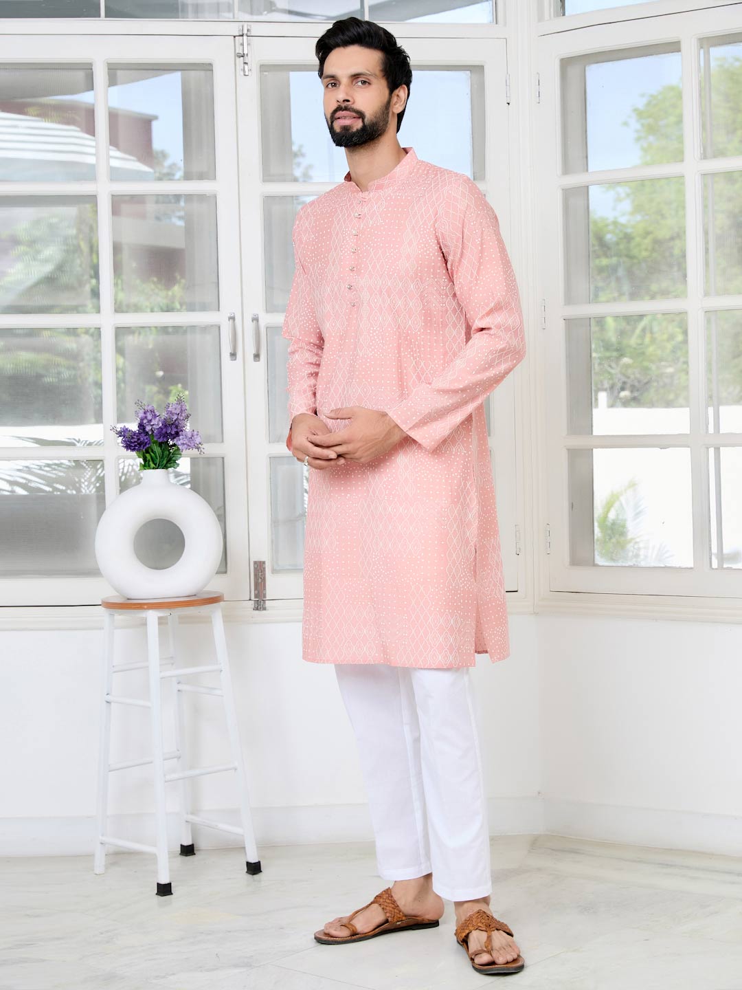 Peach Embossed Printed and Foil Printed Straight Kurta with Pyjama with Pyjama