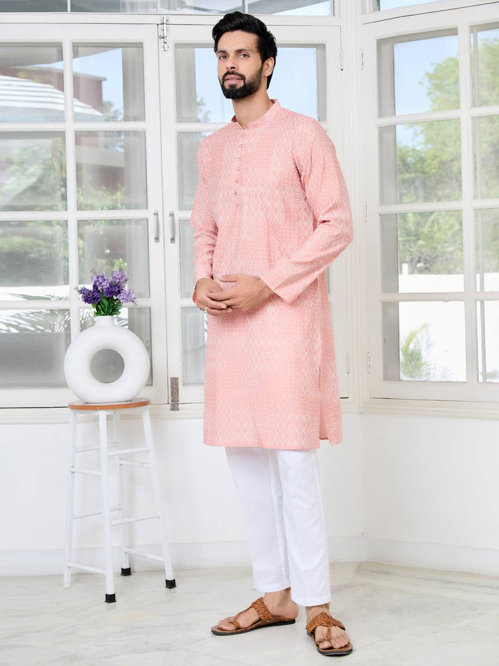Peach Embossed Printed and Foil Printed Straight Kurta with Pyjama with Pyjama
