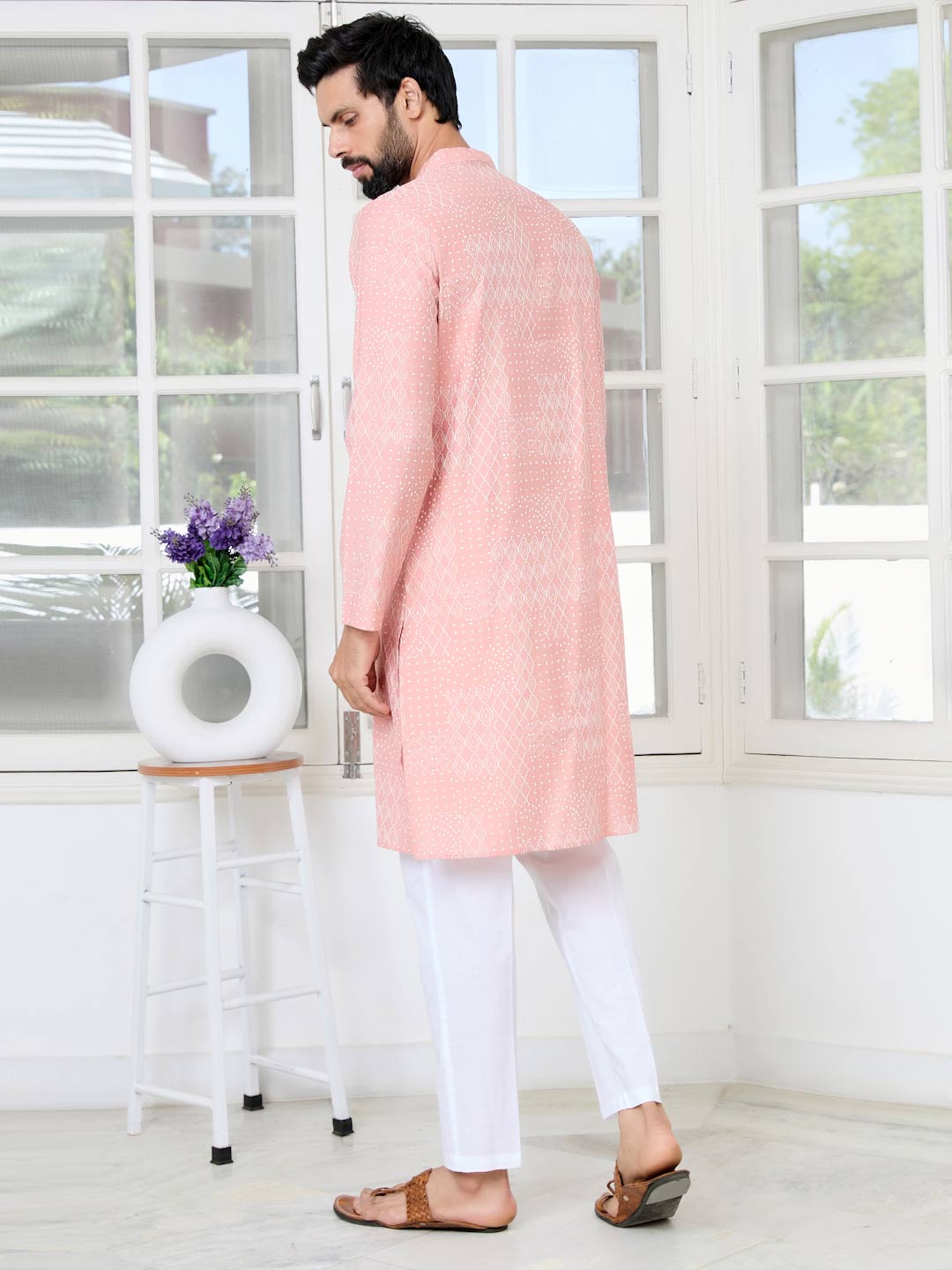 Peach Embossed Printed and Foil Printed Straight Kurta with Pyjama with Pyjama
