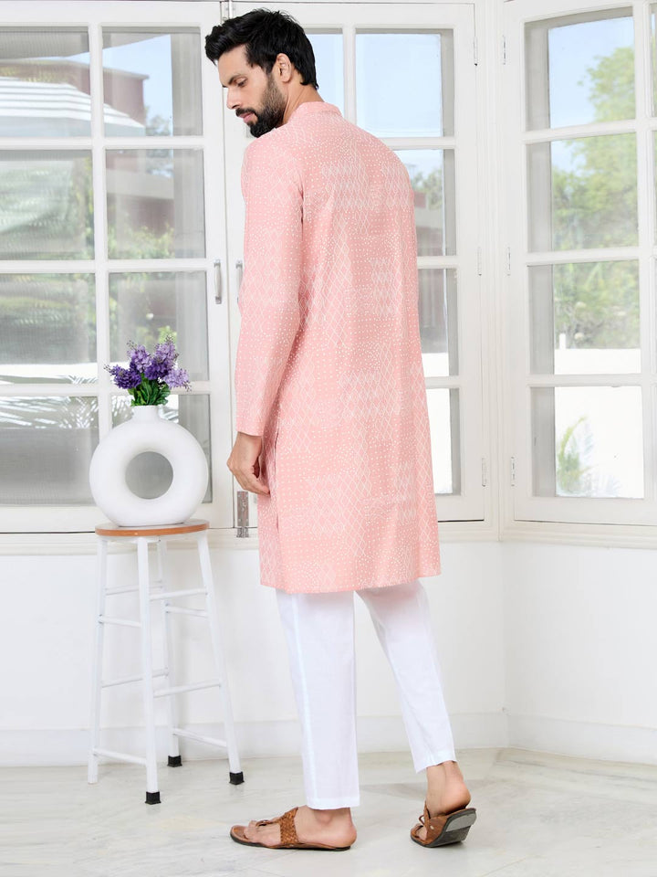 Peach Embossed Printed and Foil Printed Straight Kurta with Pyjama with Pyjama