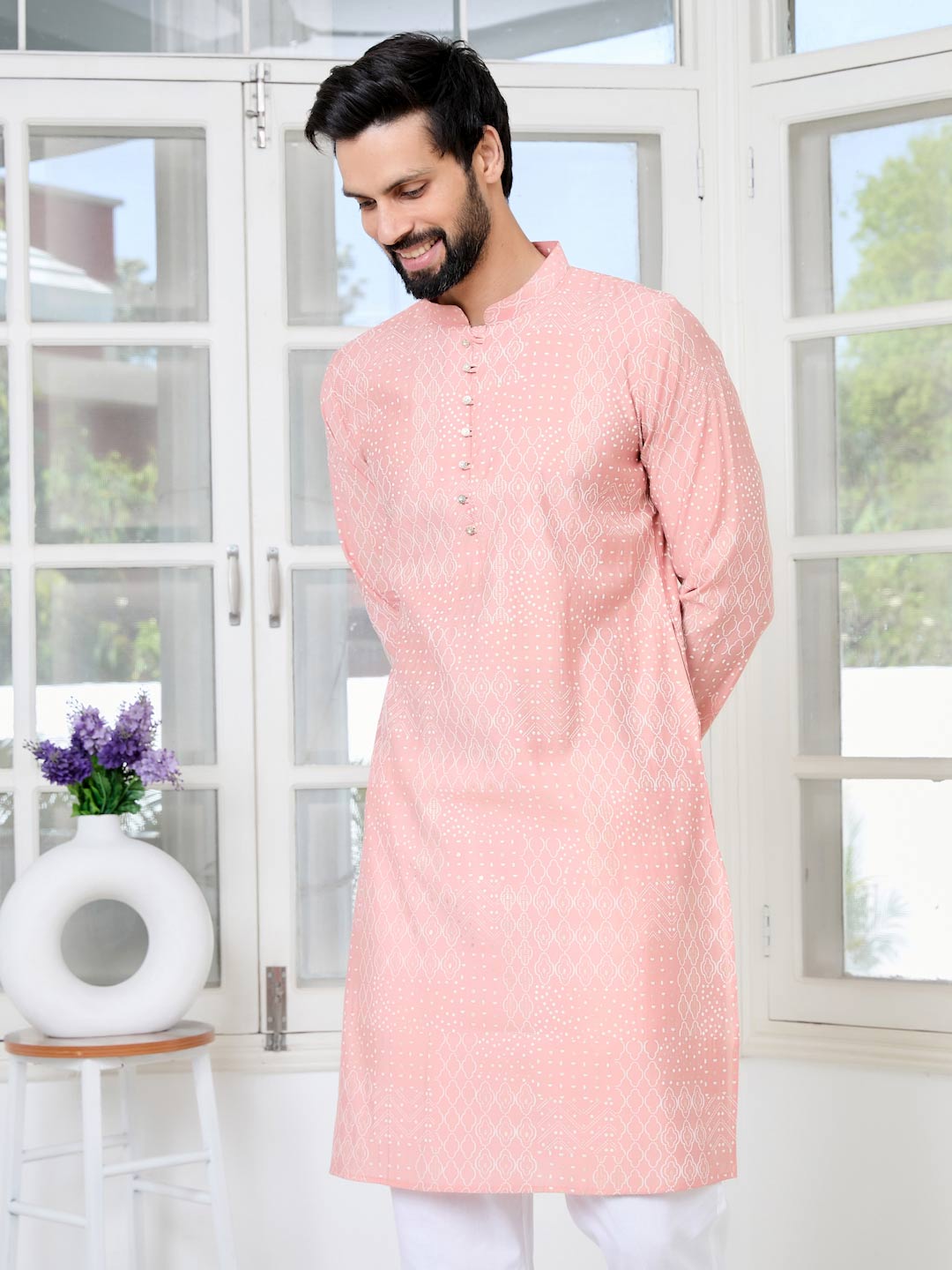Peach Embossed Printed and Foil Printed Straight Kurta with Pyjama with Pyjama