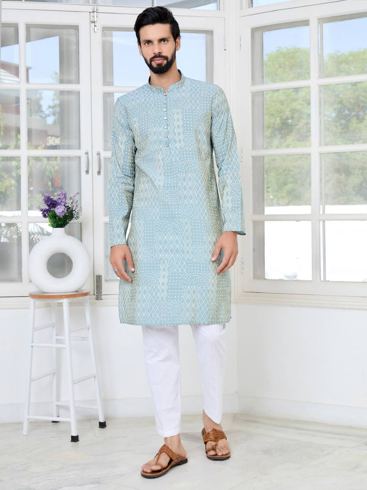 Gray Embossed Printed and Foil Printed Straight Kurta with Pyjama with Pyjama