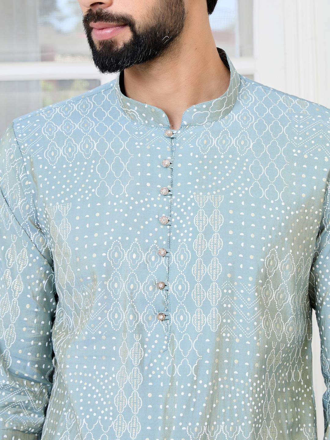 Gray Embossed Printed and Foil Printed Straight Kurta with Pyjama with Pyjama