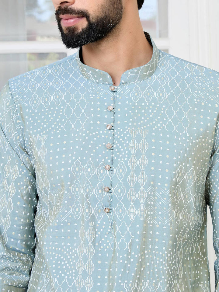 Gray Embossed Printed and Foil Printed Straight Kurta with Pyjama with Pyjama