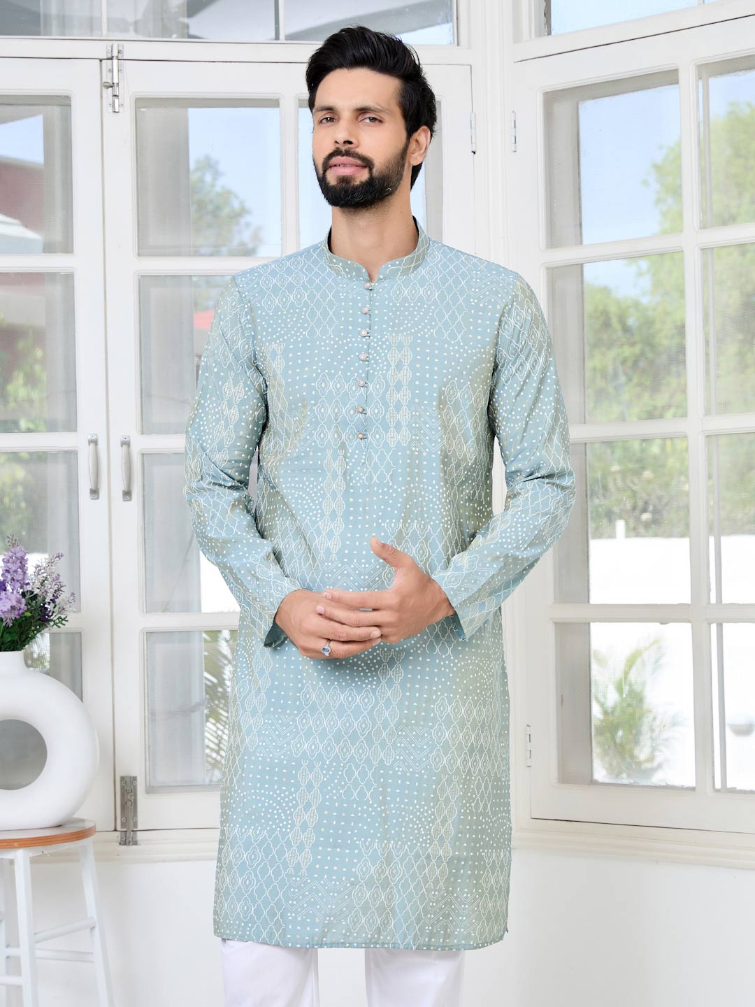 Gray Embossed Printed and Foil Printed Straight Kurta with Pyjama with Pyjama