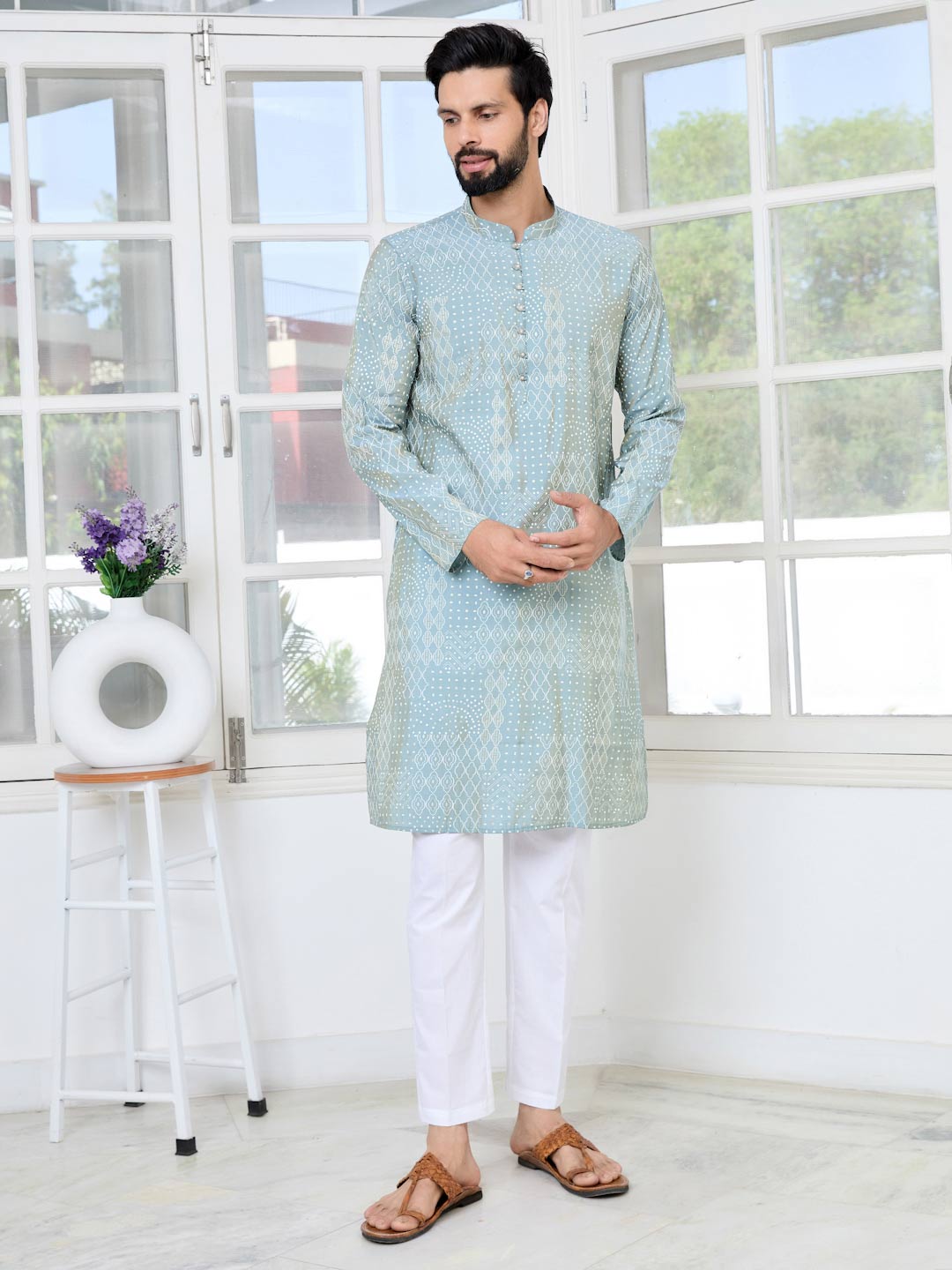 Gray Embossed Printed and Foil Printed Straight Kurta with Pyjama with Pyjama