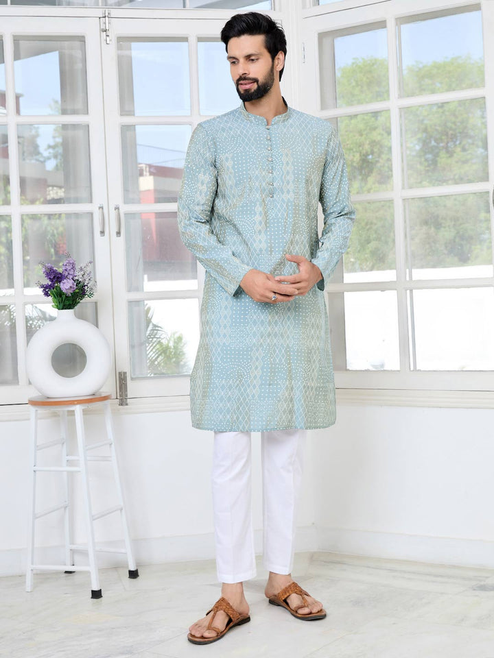 Gray Embossed Printed and Foil Printed Straight Kurta with Pyjama with Pyjama
