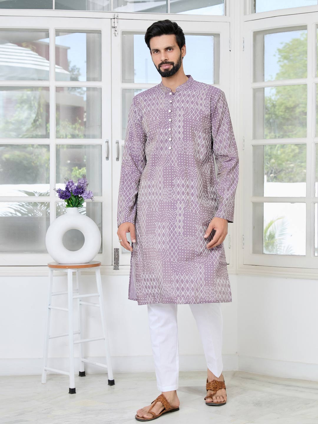 Purple Embossed Printed and Foil Printed Straight Kurta with Pyjama with Pyjama