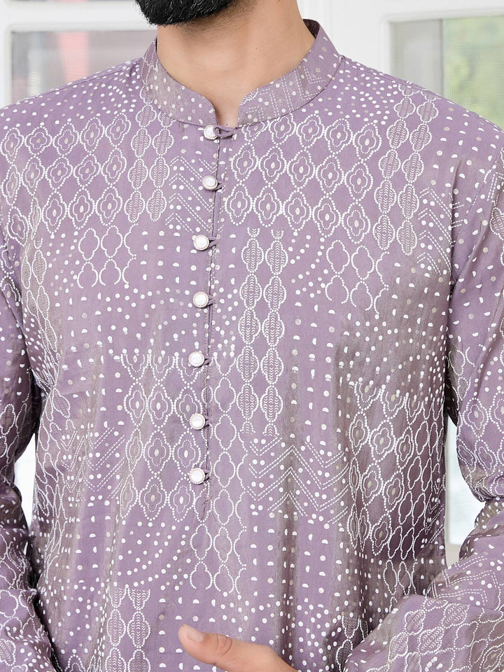 Purple Embossed Printed and Foil Printed Straight Kurta with Pyjama with Pyjama