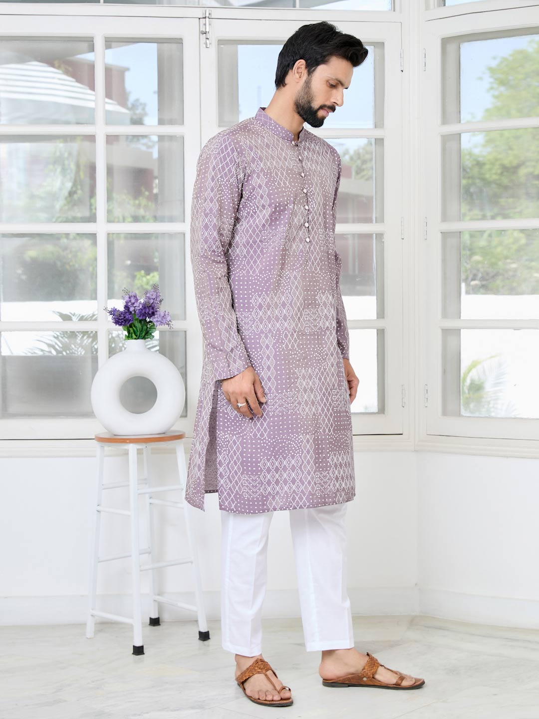 Purple Embossed Printed and Foil Printed Straight Kurta with Pyjama with Pyjama