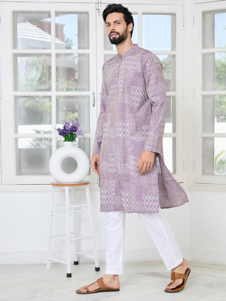 Purple Embossed Printed and Foil Printed Straight Kurta with Pyjama with Pyjama