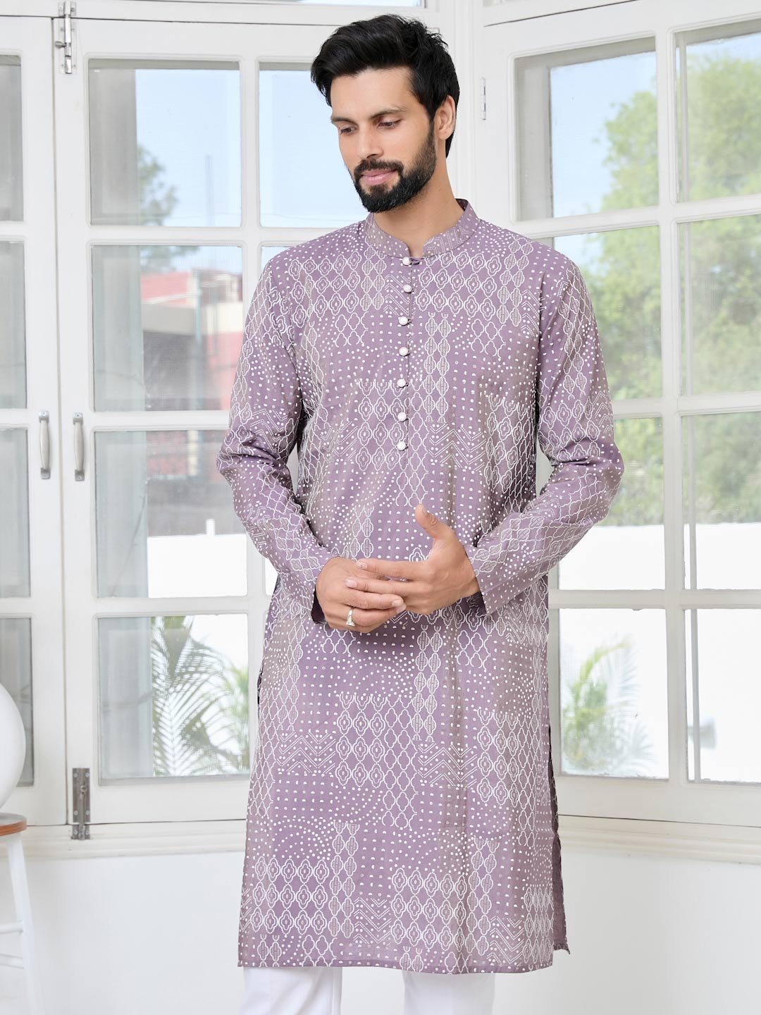 Purple Embossed Printed and Foil Printed Straight Kurta with Pyjama with Pyjama