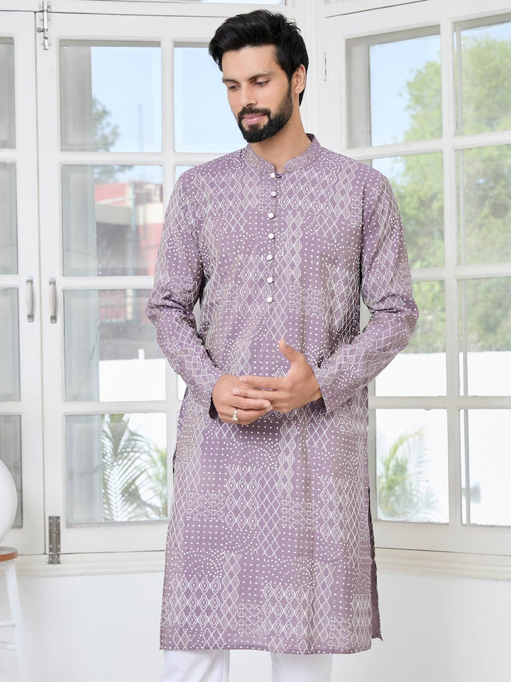 Purple Embossed Printed and Foil Printed Straight Kurta with Pyjama with Pyjama