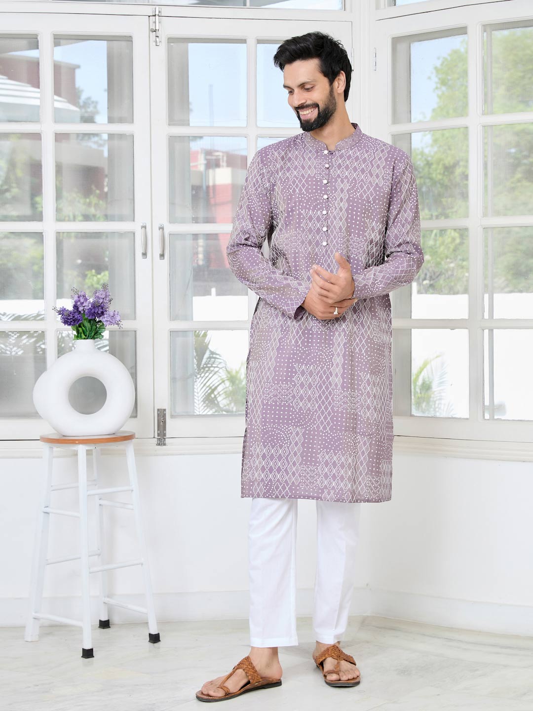 Purple Embossed Printed and Foil Printed Straight Kurta with Pyjama with Pyjama