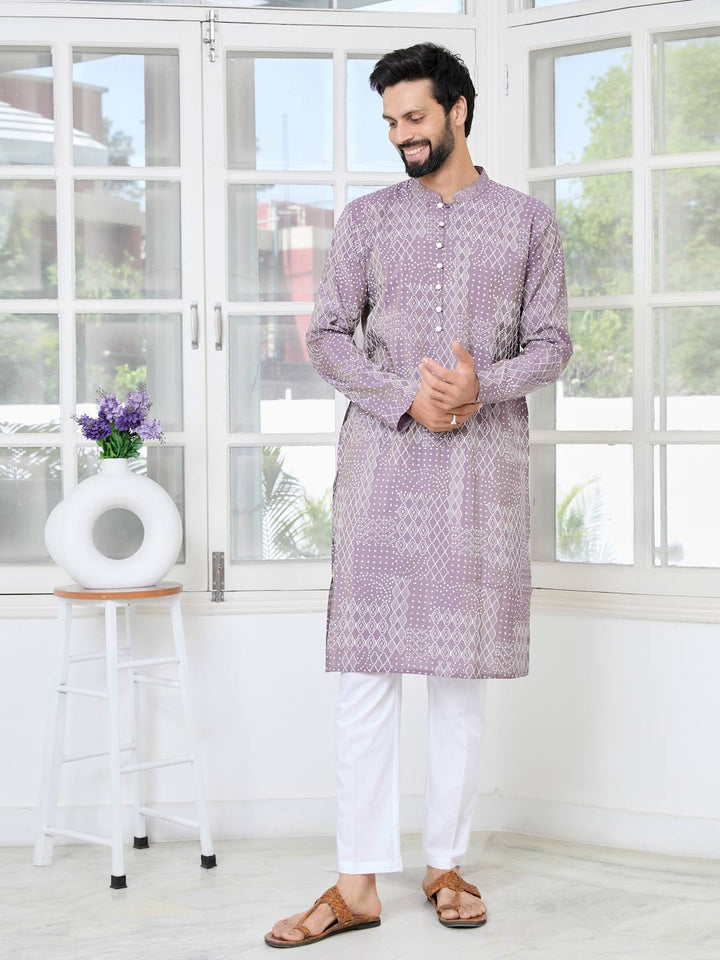 Purple Embossed Printed and Foil Printed Straight Kurta with Pyjama with Pyjama
