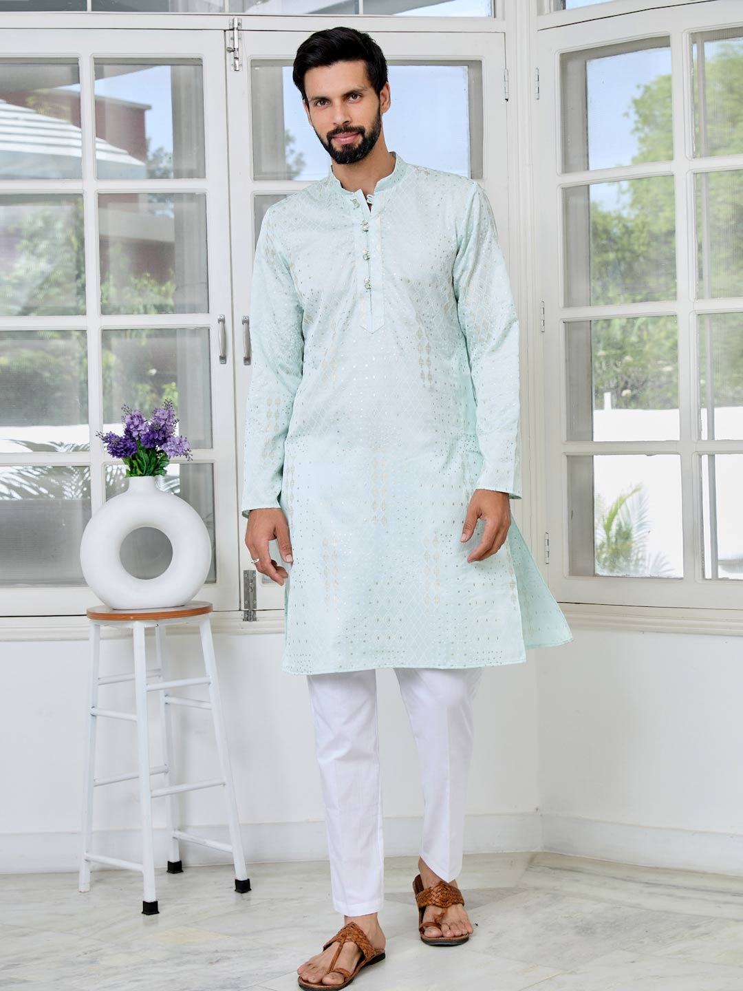 Sea Green Embossed Printed and Foil Printed Straight Kurta with Pyjama with Pyjama
