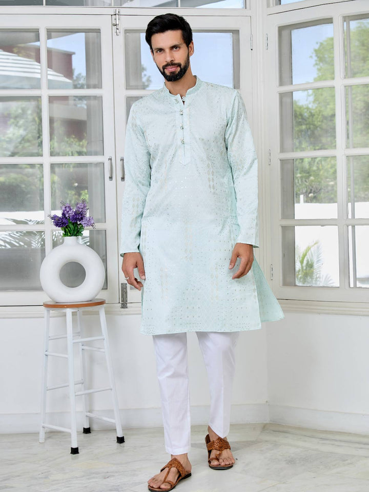 Sea Green Embossed Printed and Foil Printed Straight Kurta with Pyjama with Pyjama