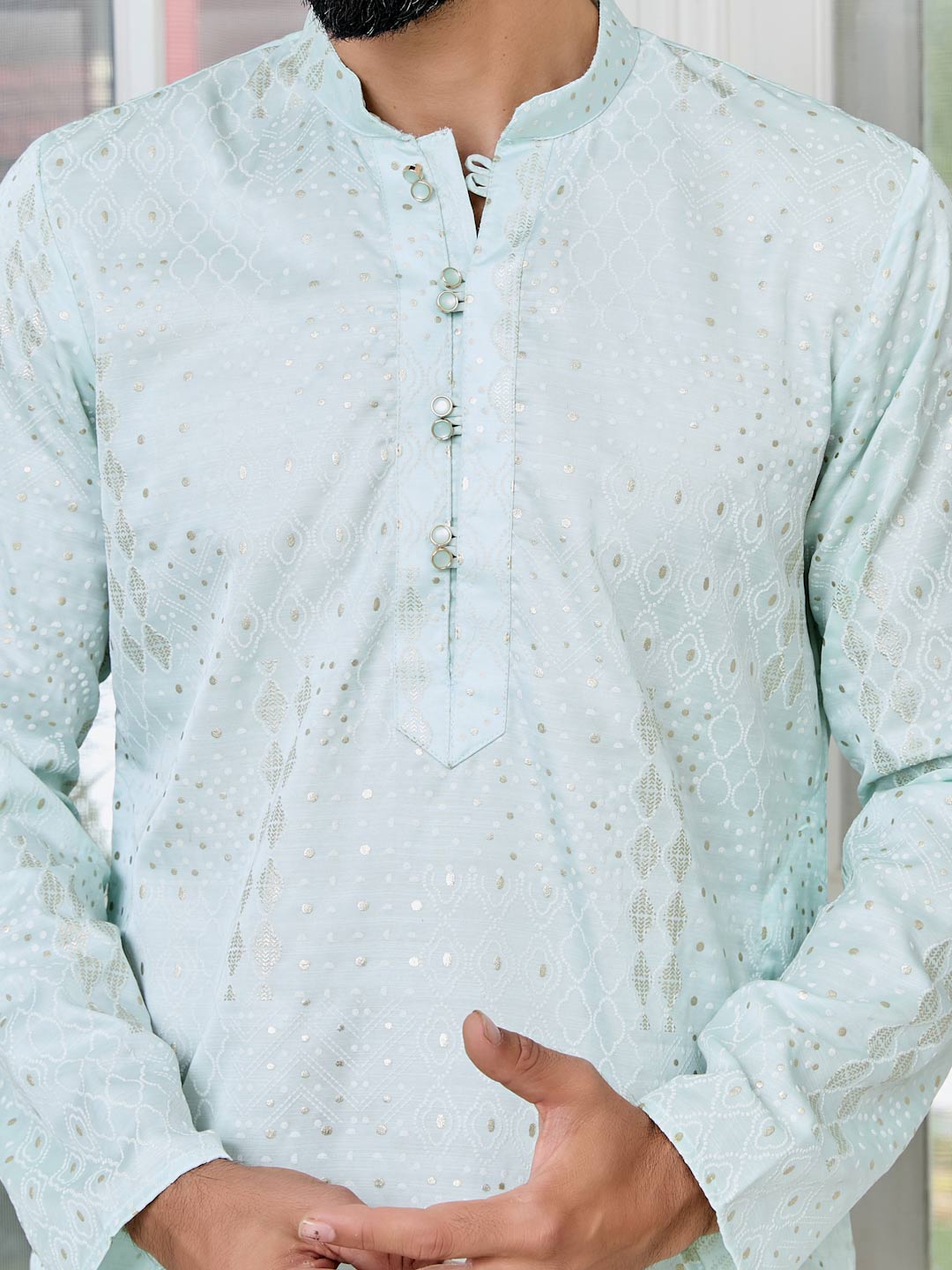 Sea Green Embossed Printed and Foil Printed Straight Kurta with Pyjama with Pyjama