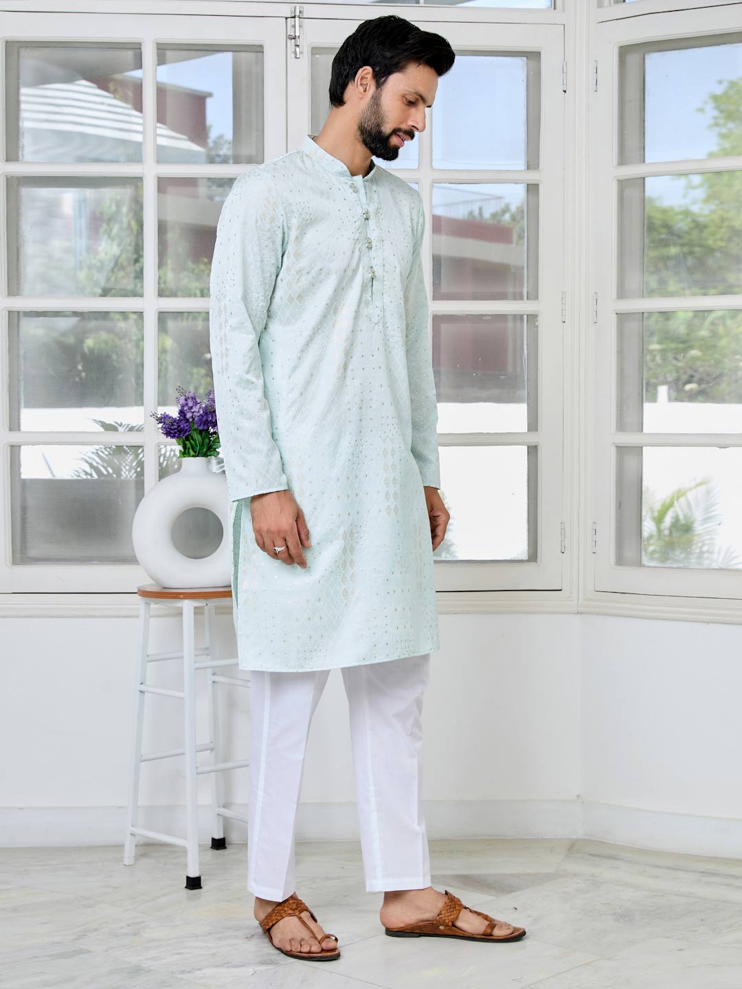 Sea Green Embossed Printed and Foil Printed Straight Kurta with Pyjama with Pyjama