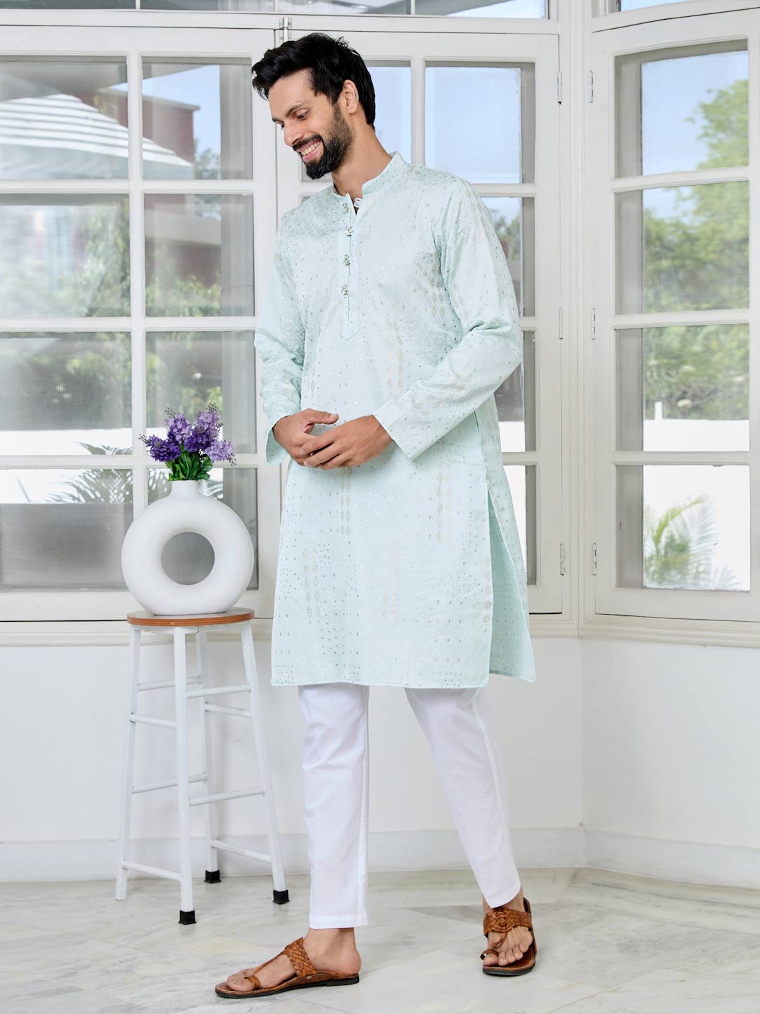 Sea Green Embossed Printed and Foil Printed Straight Kurta with Pyjama with Pyjama