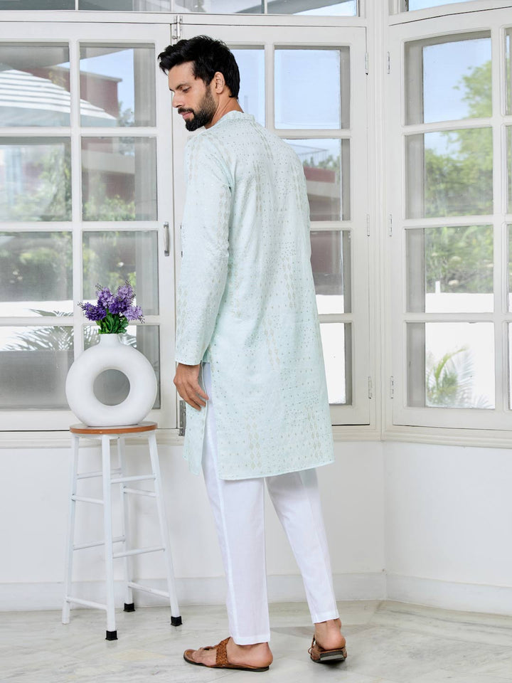 Sea Green Embossed Printed and Foil Printed Straight Kurta with Pyjama with Pyjama