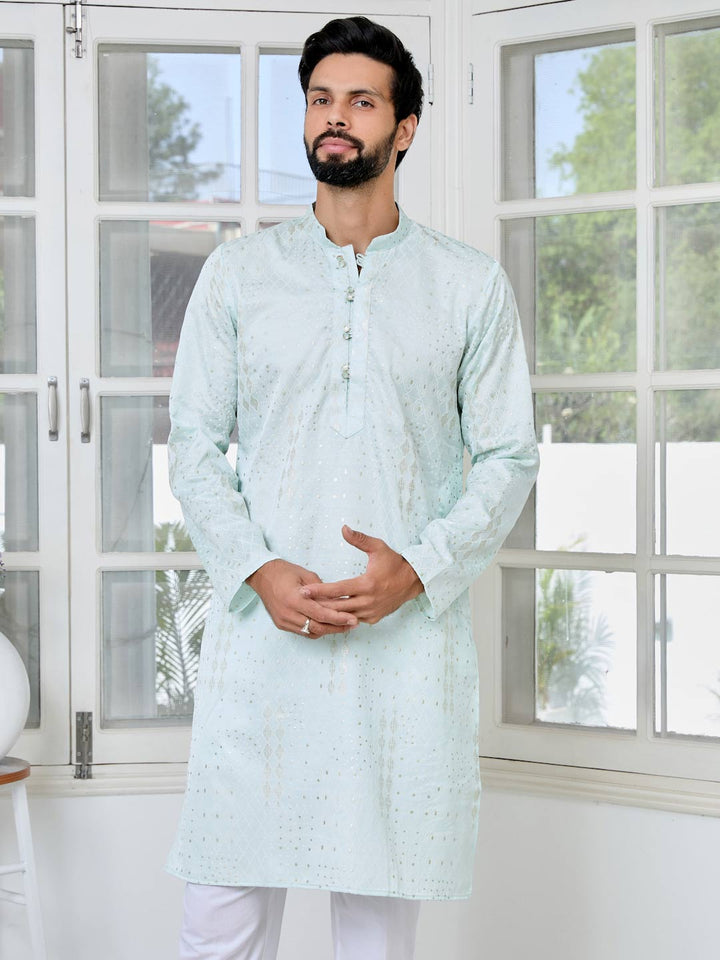 Sea Green Embossed Printed and Foil Printed Straight Kurta with Pyjama with Pyjama