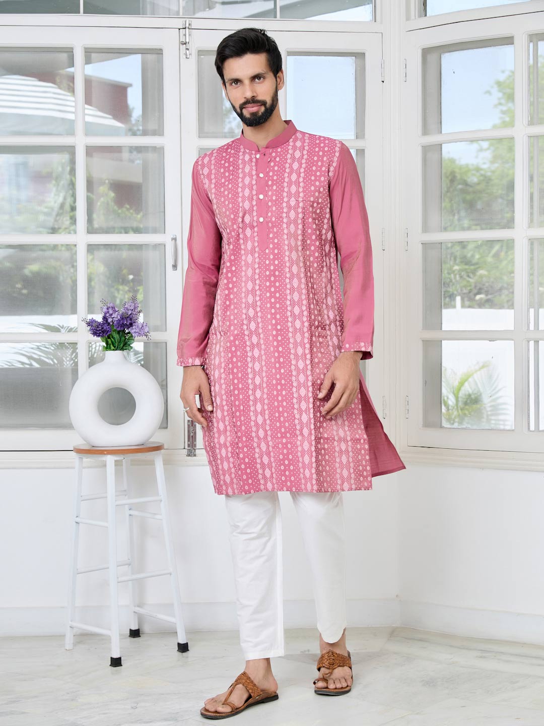 Light Plum Embossed Printed and Foil Printed Straight Kurta with Pyjama with Pyjama