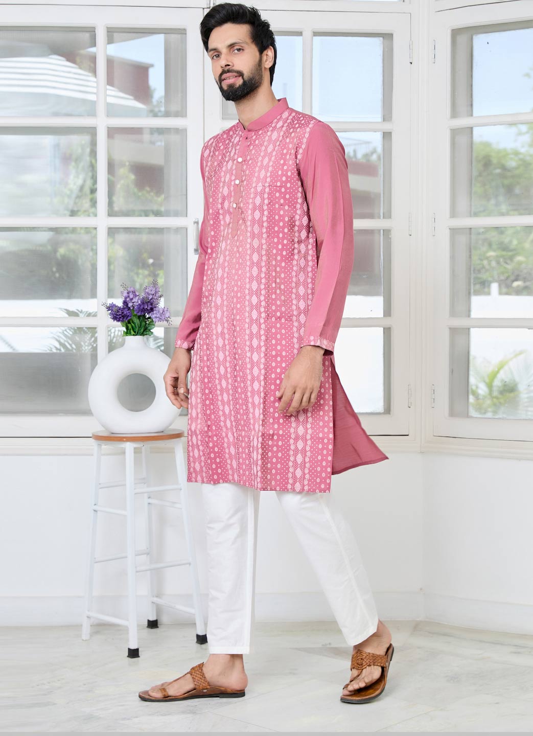Light Plum Embossed Printed and Foil Printed Straight Kurta with Pyjama with Pyjama
